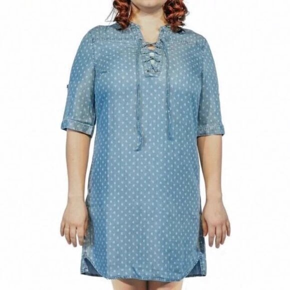 Philosophy Tencel Chambray Denim Tunic Shirt Dress Womens S Printed Blue Modern - Picture 1 of 8